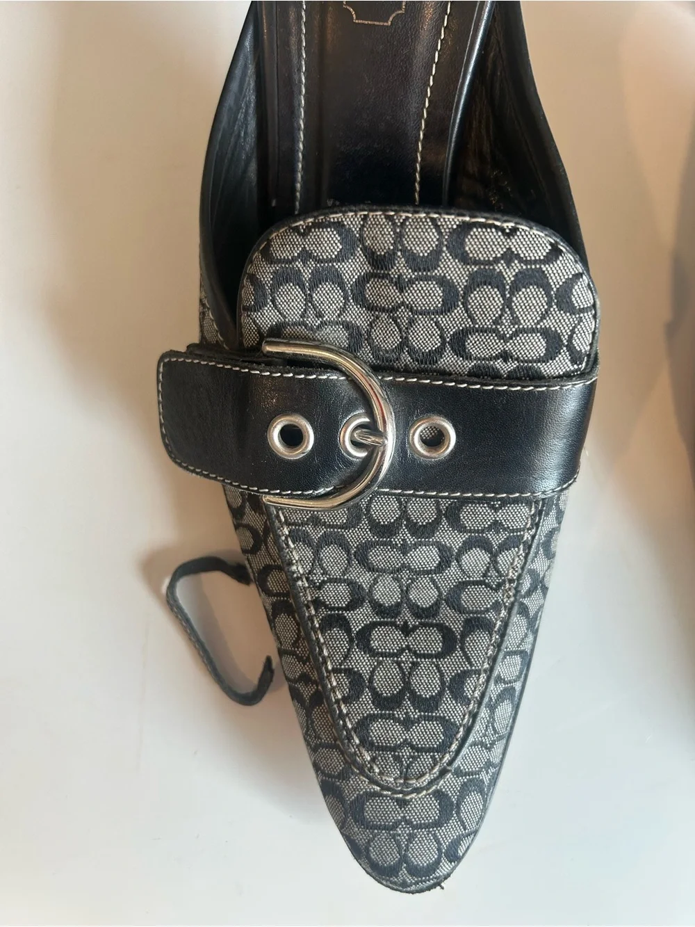 Vintage Coach Monogram Mules Pointed Toe Kitten Heel Buckle Clasp Black Gray Y2K